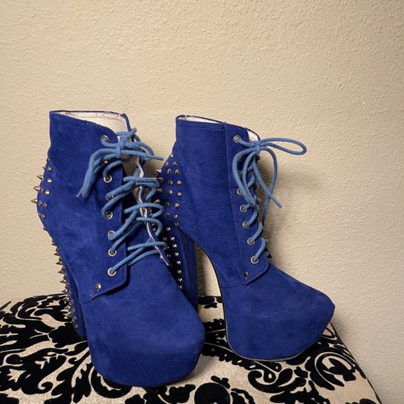 Blue Faux Suede, Platform, Spiked Chunk Heel, Lace-up, Gaga, Ankle Boots - Picture 3 of 12